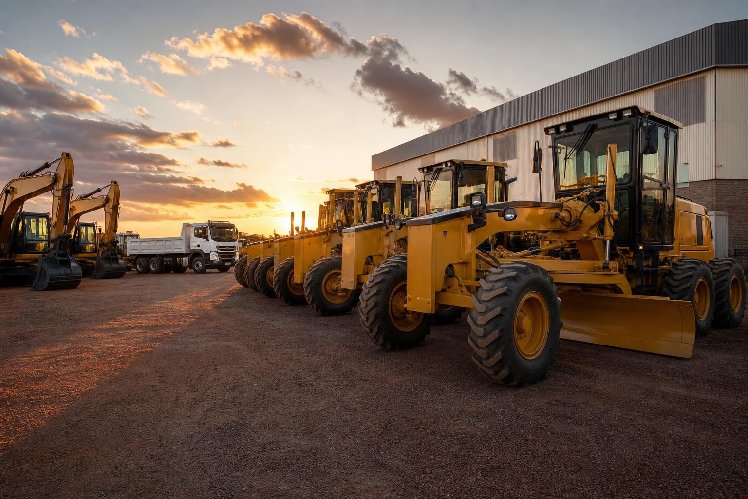 Yellow motor graders and excavators lined up in a South African equipment dealership yard at golden hour sunset