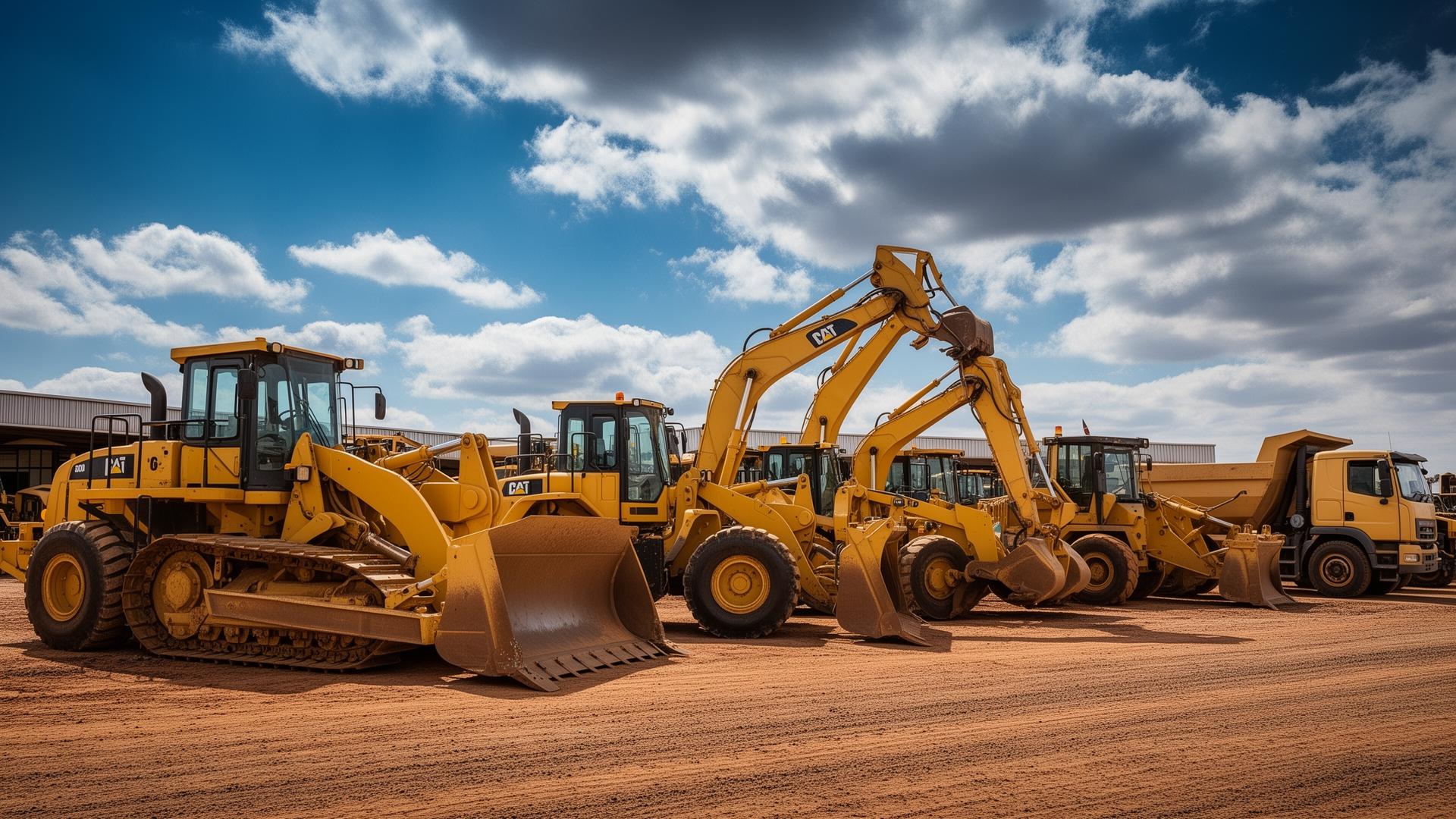 Fleet of yellow heavy construction equipment lined up at a South African dealership yard