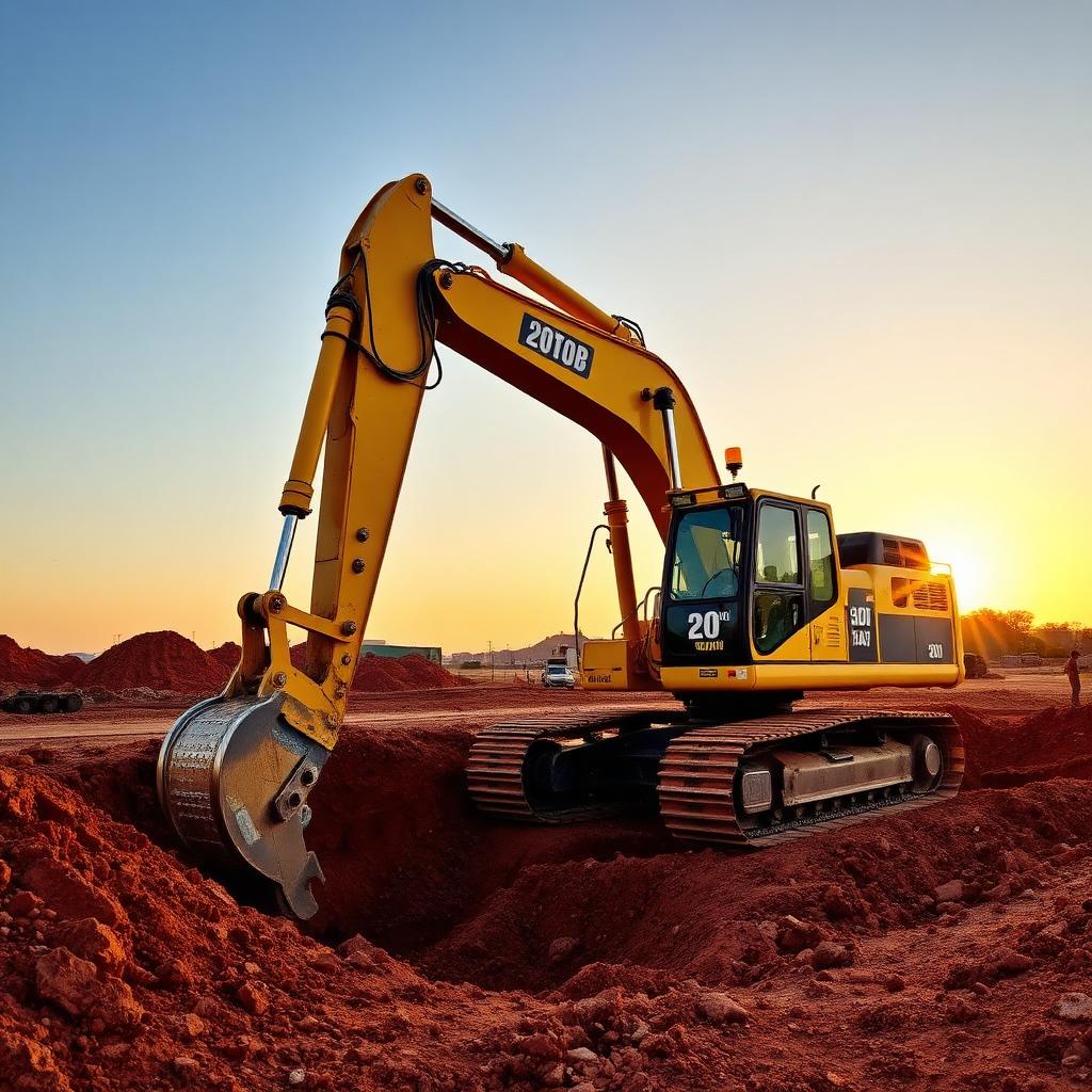 Yellow 20-ton crawler excavator digging a trench on a South African construction site with red earth at golden hour
