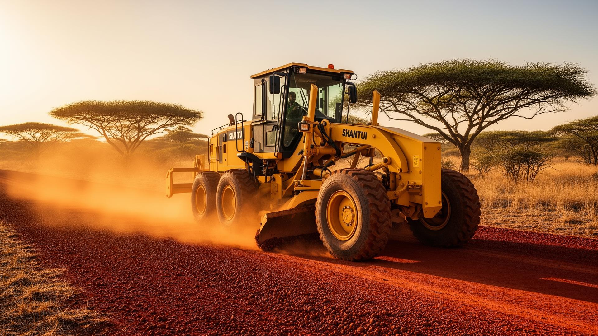 Yellow Shantui motor grader working a red-earth gravel road in rural South Africa at golden hour