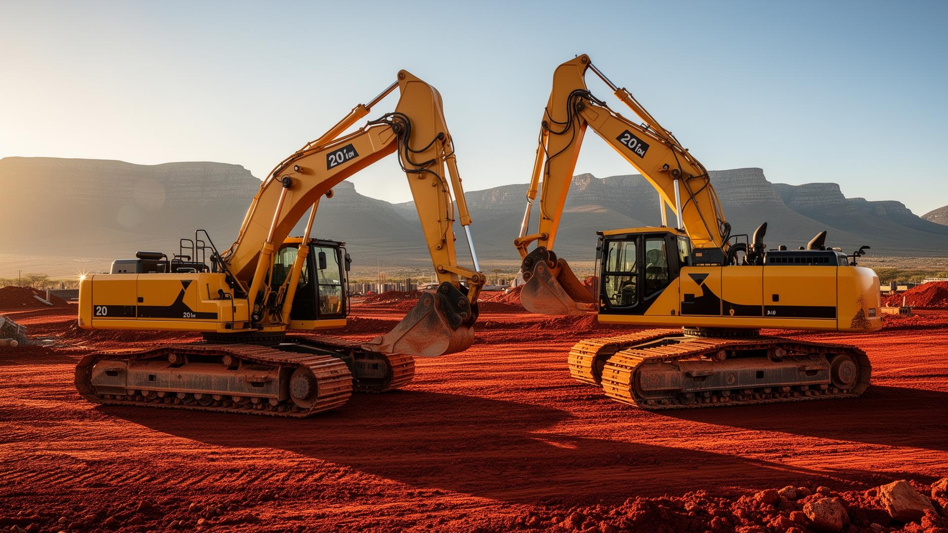 Two yellow 20-ton crawler excavators on a South African construction site at sunset