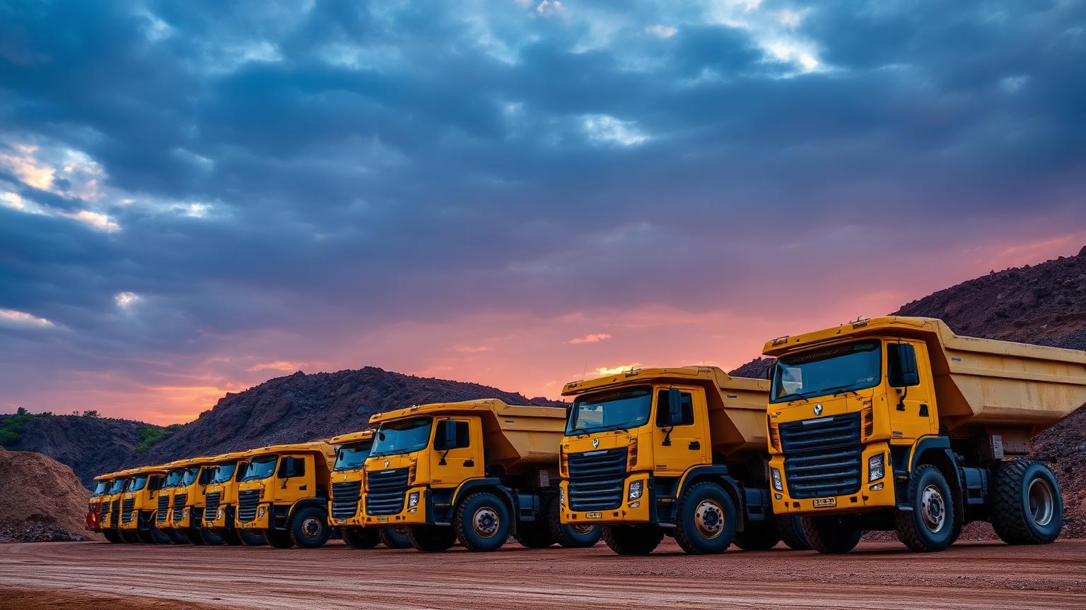 Fleet of yellow tipper trucks on a Pretoria construction site at sunrise